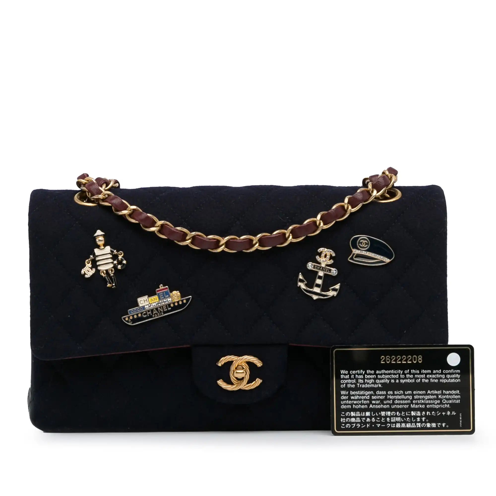 Chanel Classic Double Flap Paris-Hamburg Charms Medium Blue Wool Lambskin Gold