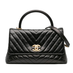 Chanel Coco Top Handle Medium Black Chevron Aged Calfskin Gold