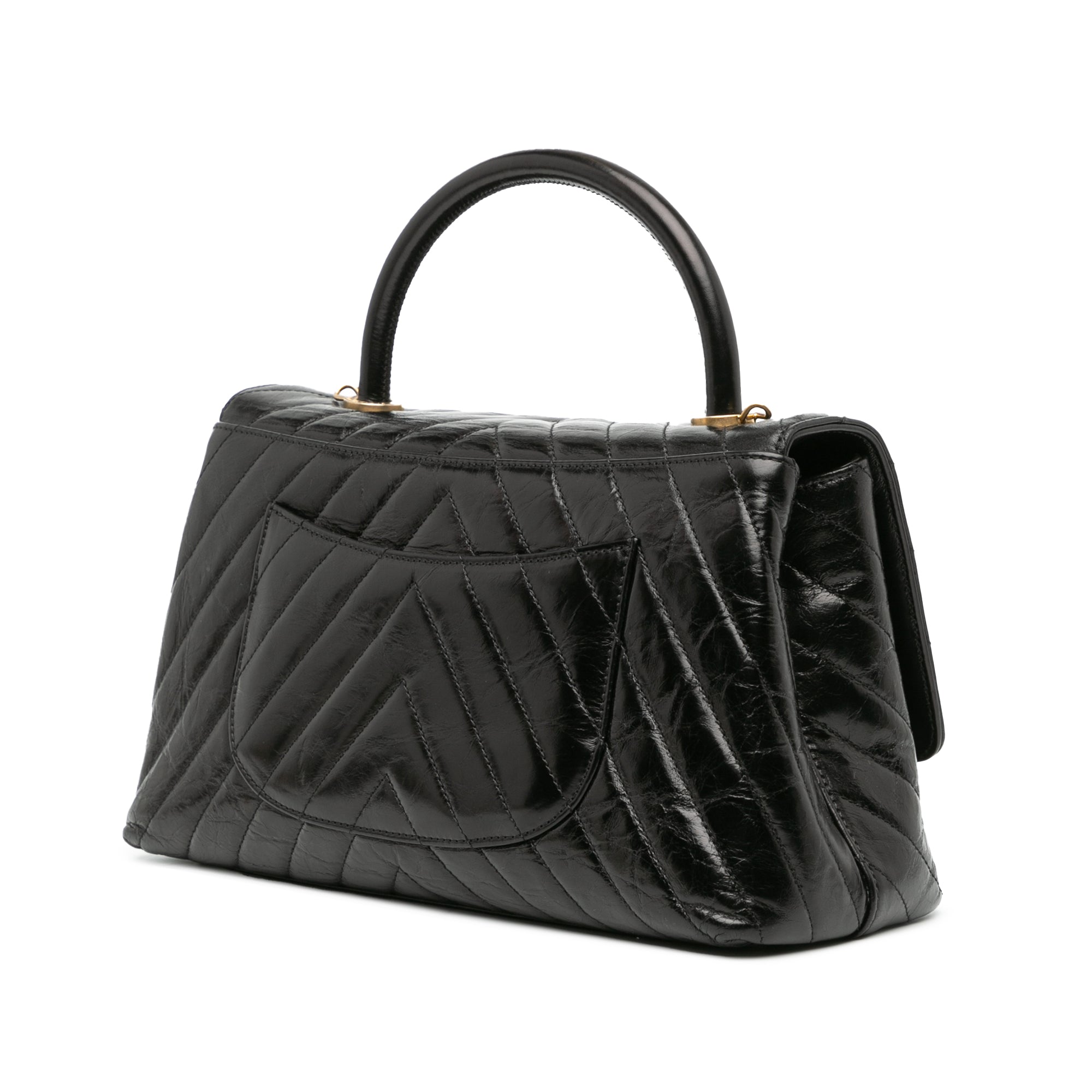 Chanel Coco Top Handle Medium Black Chevron Aged Calfskin Gold