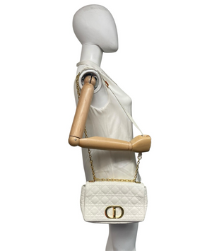 Dior Caro Medium White Cannage Leather Gold