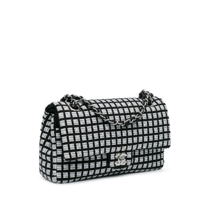 Chanel Classic Double Flap Medium Black White Ribbon Tweed Silver