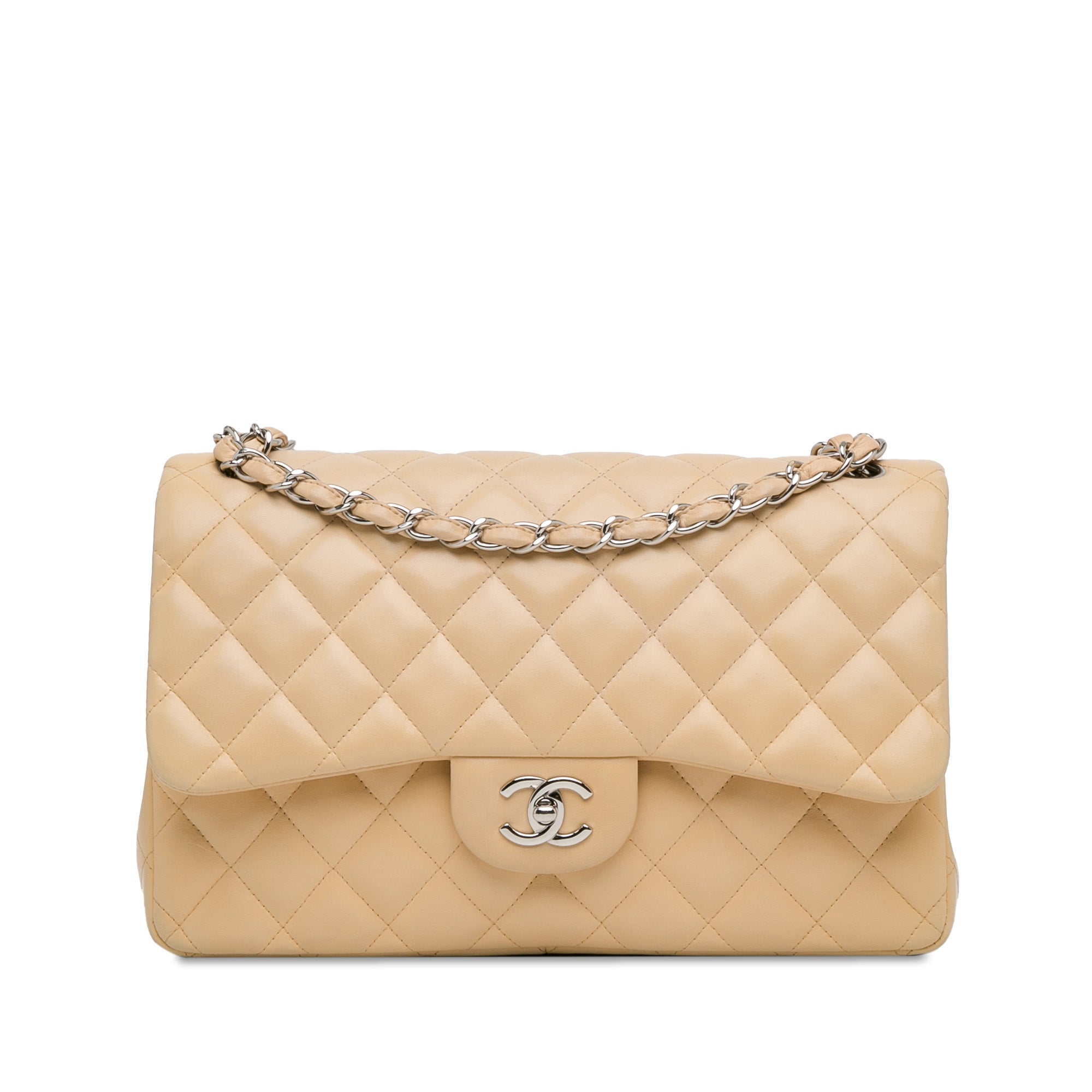 Chanel Classic Double Flap Jumbo Beige Lambskin Silver