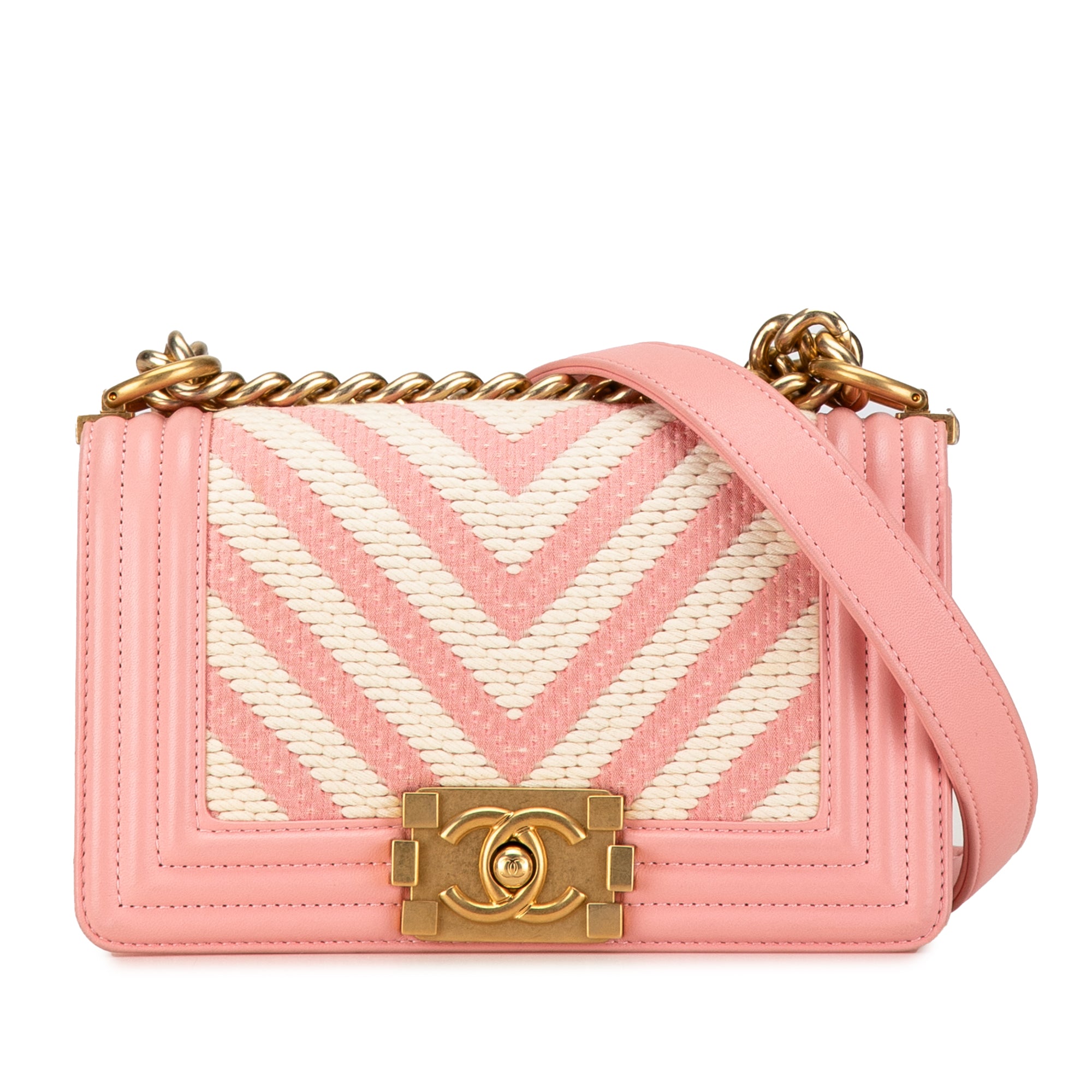 Chanel Boy Braided Small Pink Chevron Gold