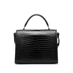 Yves Saint Laurent Monogram Cassandra Top Handle Medium Black Croc Embossed