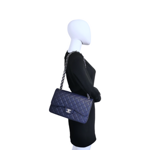 New 18S Chanel Pearly Navy Blue Caviar Medium Classic Double Flap