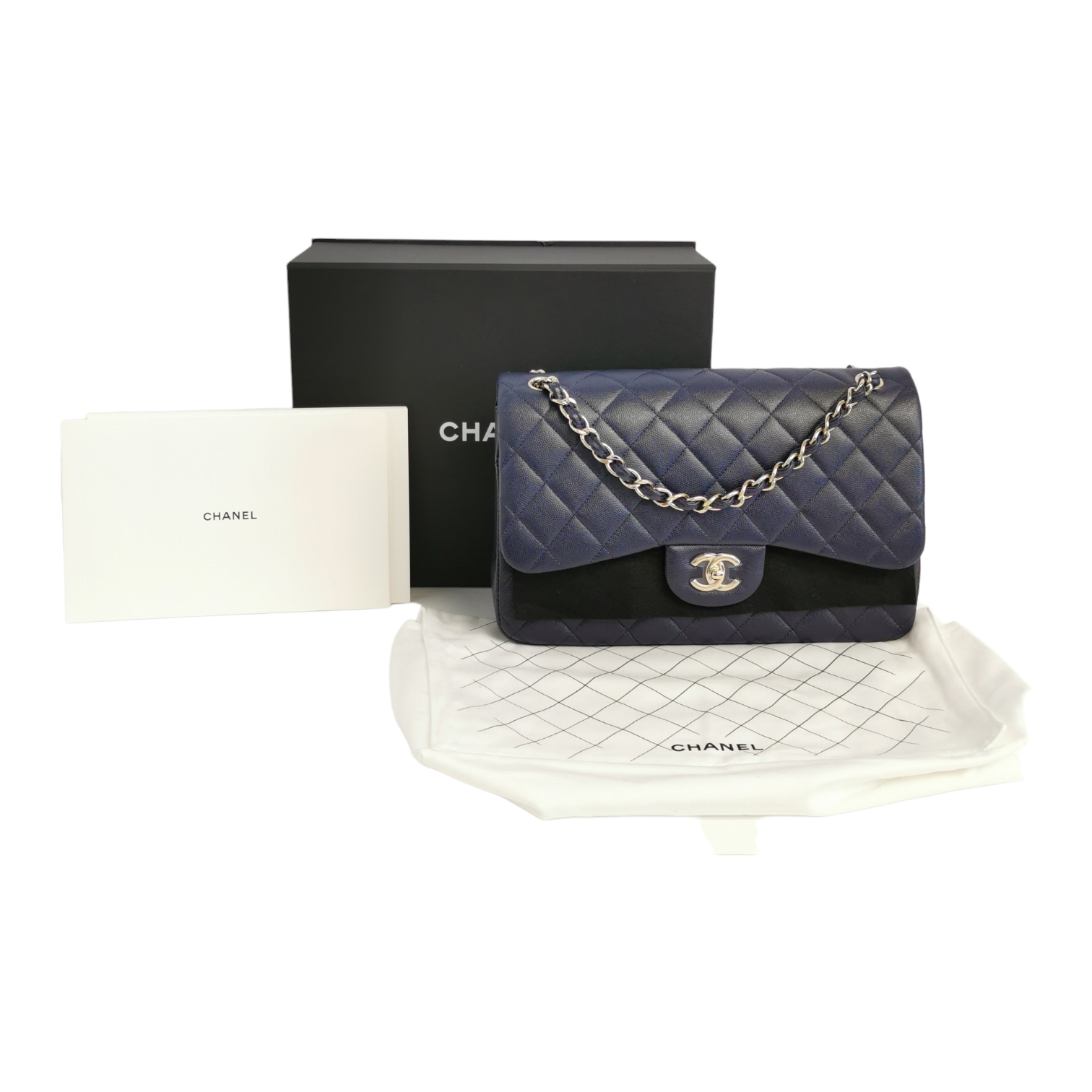 Chanel Timeless Classic 2.55 Jumbo Double Flap Bag in Navy Caviar with  Silver Hardware - SOLD